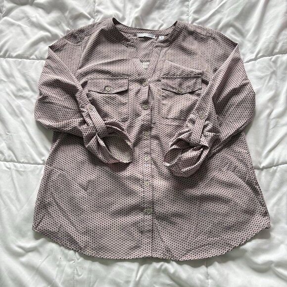 Notations Womens Size Medium Blouse 3/4 Sleeve Pink Polka Dots Button Up V Neck - Picture 1 of 10